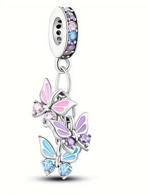 Silver Butterfly Trio Charm Pendant For Bracelet Or Necklace